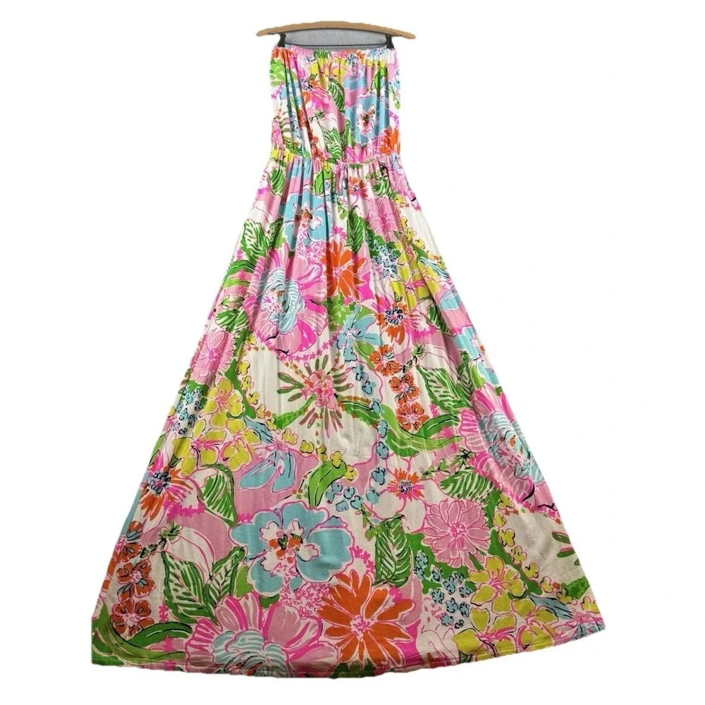 Lilly Pulitzer Target Strapless Maxi Dress Large Pink Floral Tropical Boho - Picture 1 of 16